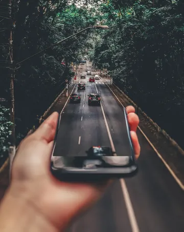 Main tenant un téléphone au-dessus d'une avenue bordée d'arbres, l'écran prolongeant la route